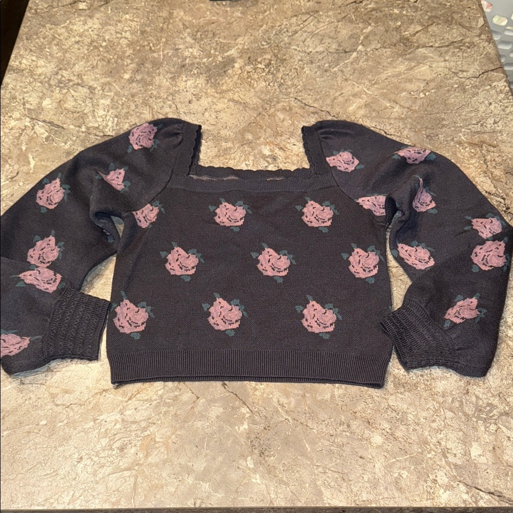 Hem & Thread Black Sweater with Pink Floral Design